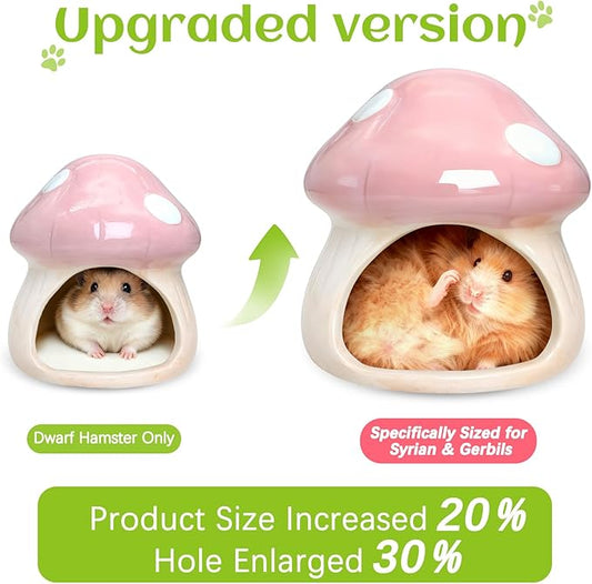 BNOSDM Ceramic Hamster Hideout Cute Mushroom Shape Hamster House and Habitat Cool Hamsters Hide Suitable for Syrian, Mice, Dwarf Hamsters, Gerbils (Pink)