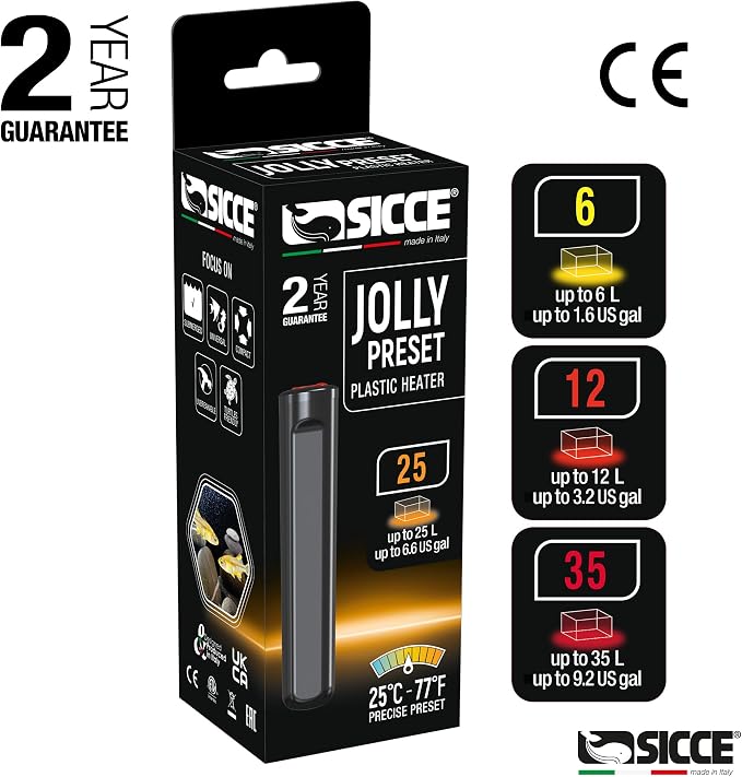 Sicce 12W Jolly Preset Small Submersible Aquarium Heater, Constant Temperature, Betta Fish Tank Heater Set to 77℉ for 1-4 Gallons Freshwater & Saltwater Tanks