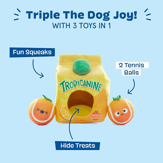 BarkBox Fresh Squeaked OJ Dog Toy – 2-in-1 Plush Toy with Crinkle Carton & Squeaky Tennis Balls – Interactive Fetch & Treat-Hiding Toy for Medium Dogs