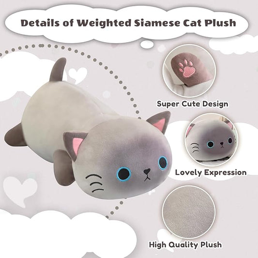 Finebee Weighted Siamese Cat Stuffed Animals, Cute Weighted Siamese Cat Plush, Soft Stuffed Weighted Plushie Pillow Gifts for Kids & Adults (9.8" 0.8Lbs)