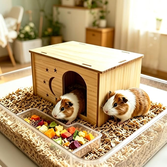 Wooden Guinea Pig House – Natural Wood Hideout for Chinchilla, Degu, Little Rabbit, Hedgehog, Squirrel – Gnaw Safe & Sunbathing Platform – Cage Accessories – 30x20x20 cm