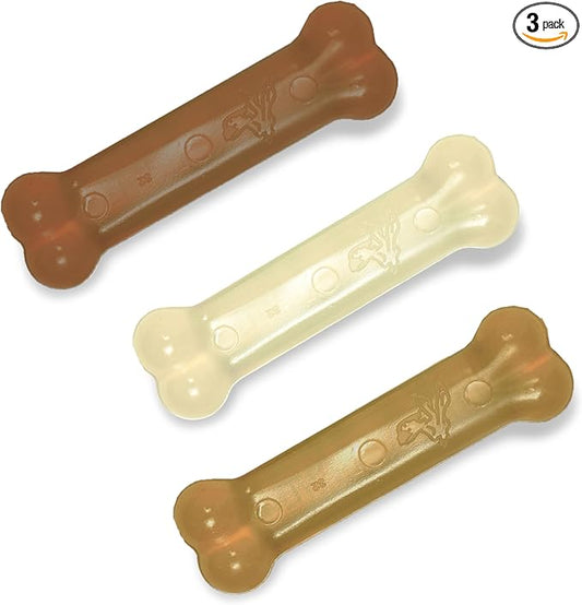 Nylabone Original Bone Flexi Chew Toy for Dogs, Dog Toys for Moderate Chewers, Value Pack, Long Lasting Bacon, Peanut Butter, & Beef Flavor, X-Small Dogs - Up to 15 lbs, 3 Pack