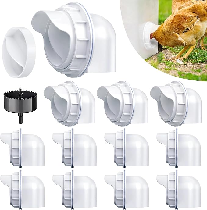 Chicken Feeder Port, 12 Pack Chicken Feeders No Waste with 12 Lids 1 Drill Bit, DIY Automatic Poultry Feeder Cups Kit, Chicken Bucket Feeder for Barrels (White)