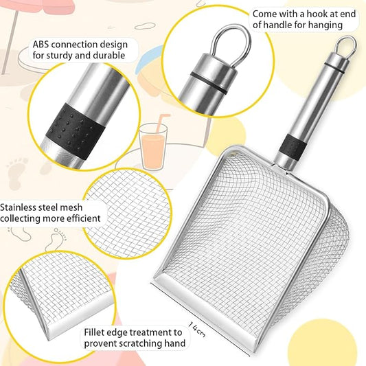 4 PCS Beach Mesh Shovel with Mesh Beach Bag for Shells Collecting and Filter Sand, Large Stainless Steel Sand Scooper for Picking Up Fossils, Big Shark Tooth Sifter Dipper Sand Toy for Kids and Adults
