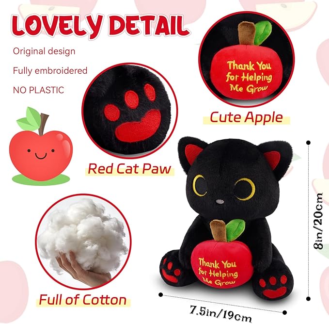 Black Cat Plush Holding Red Apple - Teacher Appreciation Gift Thank You for Helping Me Grow, 8inch Cute Stuffed Cat Plushie, Kawaii Toy Thank You Gift for Women Men Desktop Decor
