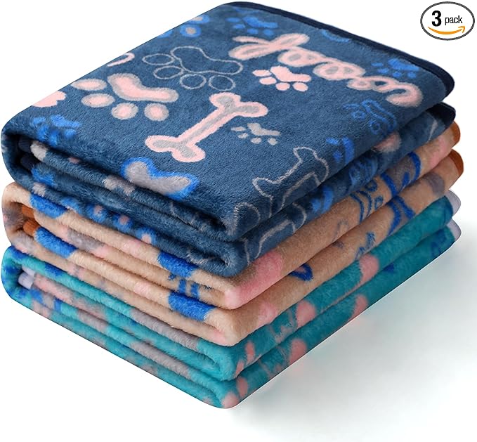 Luciphia 1 Pack 3 Blankets Fluffy Premium Fleece Pet Blanket Flannel Paw Bone Printed Throw for Dog Cat(Small 23"x16", Khaki/Blue/Navy)