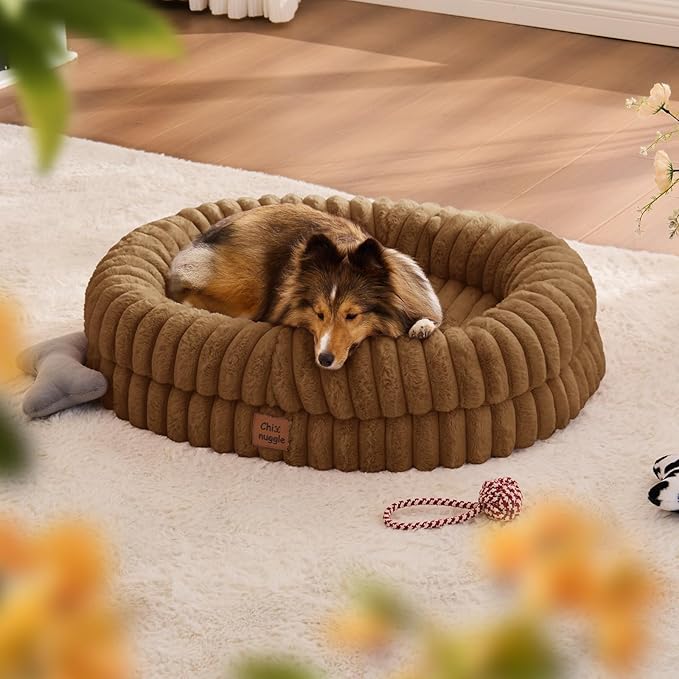 ChiXnuggle Dog Bed Medium Sized Dog - Luxury Striped Faux Fur Waterproof Pet Couch with Removable Washable Cover, Orthopedic Pet Bed with Bolster Sides for Sleeping, Brown