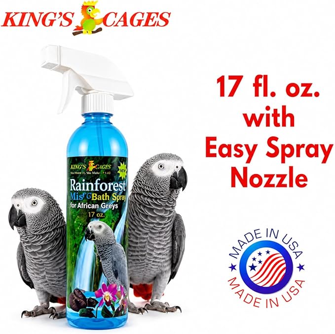 Kings Cages Rainforest Mist Feather Bath Spray for African Greys and Amazons 17oz Baby Powder Scent Condition Plumage Relieves Dry Itchy Skin Helps Prevent Feather Plucking