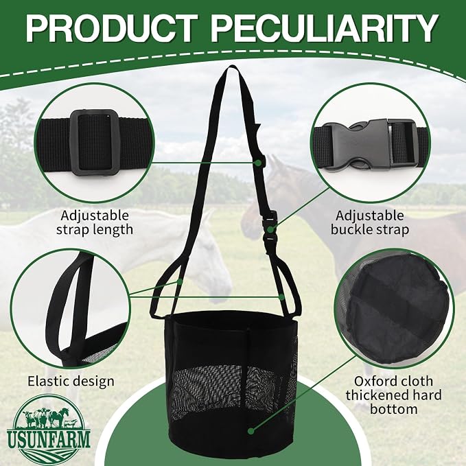 Horse Feed Bag 2 Pack-Grain Feeder Reinforced Bottom Mesh Feeding Troughs | Waterproof Oxford, Adjustable Neck & Nose Pad Breathable Mesh Muzzle Feed Bag for Grain Supplements, Trail Riding & Camping