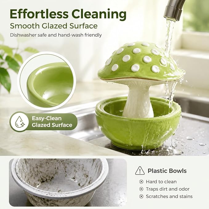 Small Animal & Bird Feeding Dish, Ceramic Mushroom No Mess Feeder for Cage, Dual-Use Food or Water Bowl for Hamster, Budgie, Cockatiel, 4.33" Height