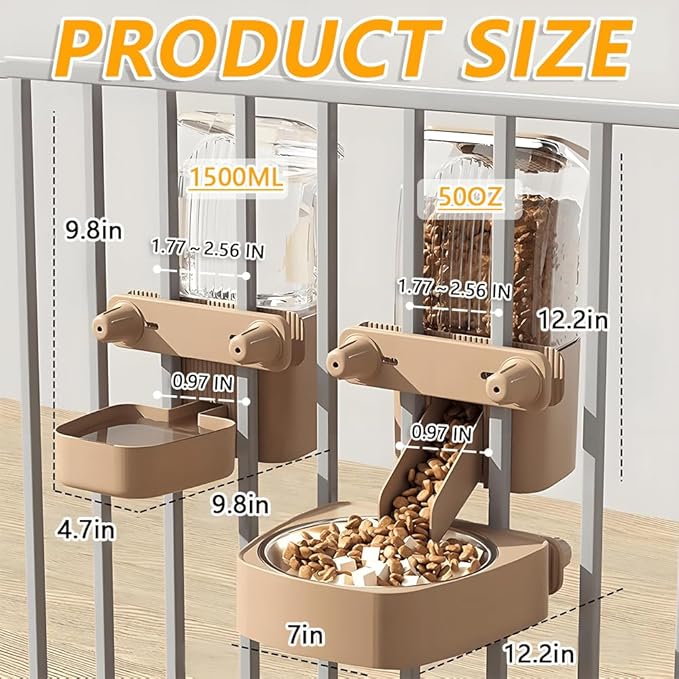 2-Pack Cage-Style Large Capacity Hanging Automatic Pet Feeder & Water Dispenser 50oz/1500ml,for Cages 0.98" Max Inner,1.77"-2.56" Outer,for Small/Medium Dogs, Cats, Rabbits & Guinea Pigs