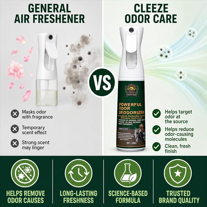 Cleeze Pet Odor Eliminator Spray for Strong Odor, Dog Deodorizing Spray for Dogs and Cats, Pet Deodorizer, Pet Odor Spray for Urine, Carpet, Furniture, Fabric, Safe for Pets, Natural Ingredients, 10oz