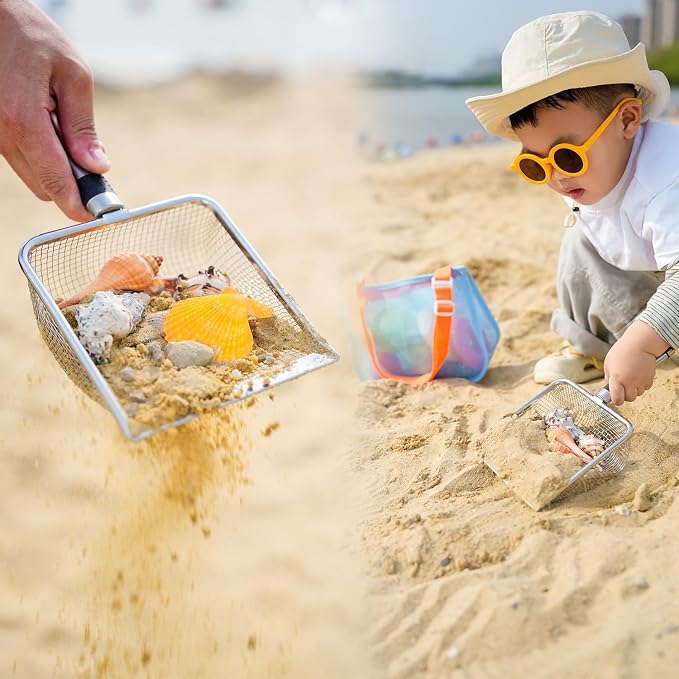 4 PCS Beach Mesh Shovel with Mesh Beach Bag for Shells Collecting and Filter Sand, Large Stainless Steel Sand Scooper for Picking Up Fossils, Big Shark Tooth Sifter Dipper Sand Toy for Kids and Adults