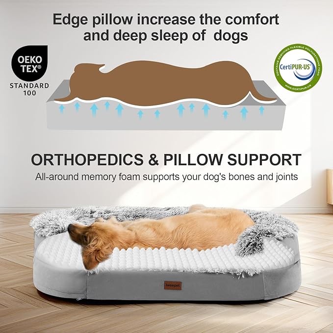 iweepet 3.7 inch Thickened Orthopedic Dog Beds for Extra Large Dogs, Fluffy Supportive Dog Sofa Bed with 28D Egg-Crate Foam, Removable Washable Cover, Waterproof Lining, Cozy Oval Design,Grey