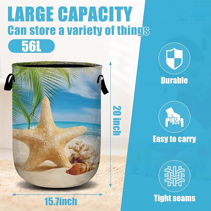 Starfish Seashell Laundry Basket, Ocean Sea Beach Laundry Hamper Collapsible Oxford Cloth with Handle Clothes Storage Bin for Bathroom Laundry Room Bedroom 15.7 X 20 Inch