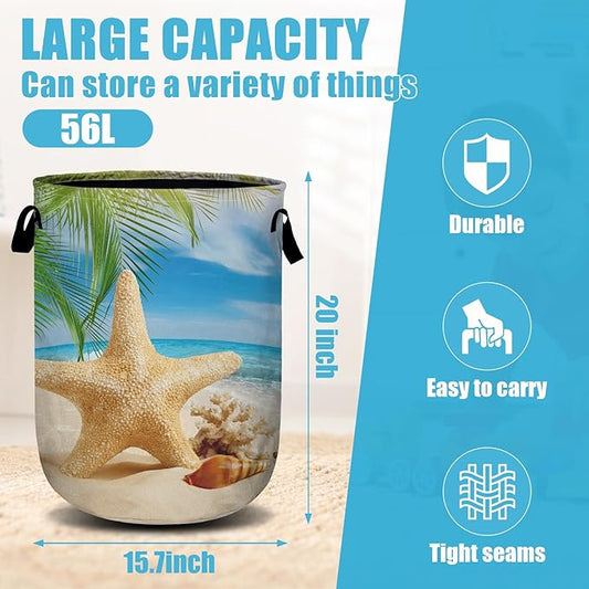 Starfish Seashell Laundry Basket, Ocean Sea Beach Laundry Hamper Collapsible Oxford Cloth with Handle Clothes Storage Bin for Bathroom Laundry Room Bedroom 15.7 X 20 Inch