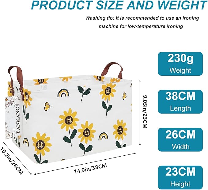 Storage Bins, Nursery Hamper Canvas Laundry Basket Foldable with Waterproof PE Coating Large Storage Baskets for Kids Boys and Girls, Office, Bedroom, Clothes,Toys(Rec-Sunflower）
