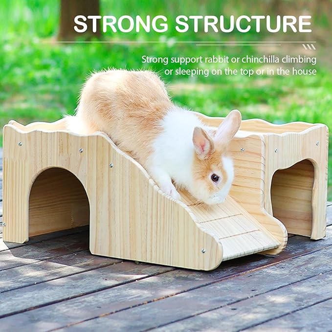 Large Rabbit Hideout Thicken Hard Wooden Bunny House Castle Climbing Tower Detachable Playhouse Ventilated Guinea Pig Wooden Hideout for Hamster Chinchilla (Slide Style)
