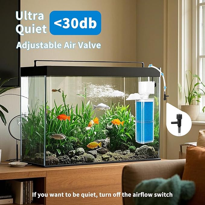 4-in-1 Aquarium Filter, 2 Stage Filtration Fish Tank Filters, Ultra Quiet Submersible Fish Filter with Adjustable Oxygenation Wavemaker, Water Circulation for 20-80 Gal Fresh/Salt Tank