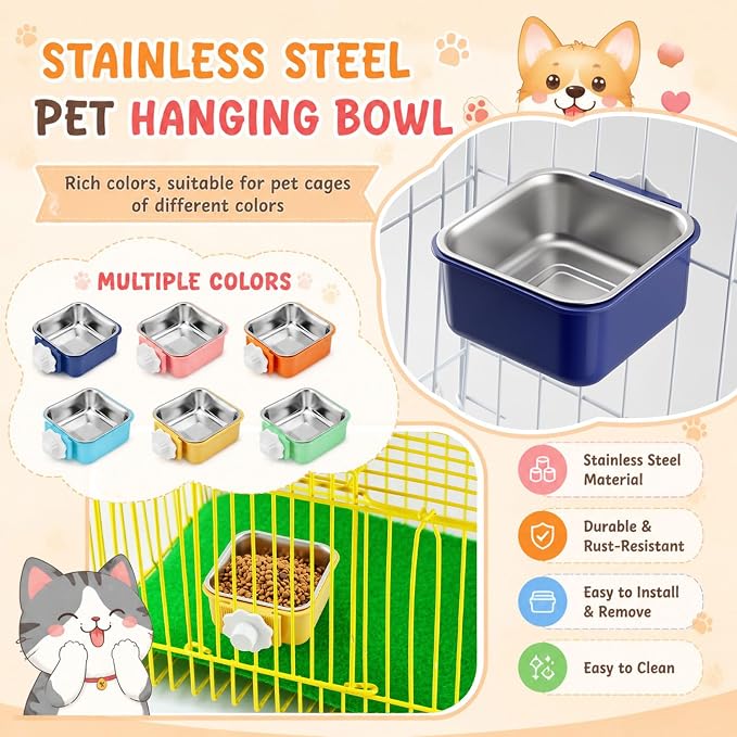 LemonRoad 12 Pcs Dog Crate Water Bowl Bulk No Spill Hanging for Kennel Removable Stainless Steel Puppy Food Water Feeding Bowls Cage Coop Cup for Dogs Cats Rabbits Birds Ferret(Square Bowl)
