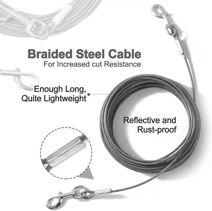 Tie Out Cable for Dogs,10/20/30/50/100FT Dog Leads for Yard Chew Proof,Heavy Duty Tie Out Cable for Large Dogs Up to 125lbs,Dog Runner Tether (Transparent Black, 125Ibs 10ft)