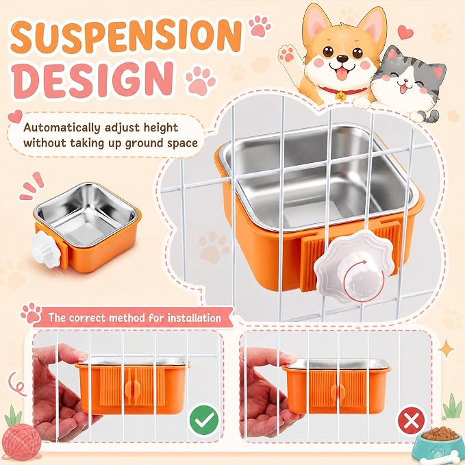 LemonRoad 12 Pcs Dog Crate Water Bowl Bulk No Spill Hanging for Kennel Removable Stainless Steel Puppy Food Water Feeding Bowls Cage Coop Cup for Dogs Cats Rabbits Birds Ferret(Square Bowl)