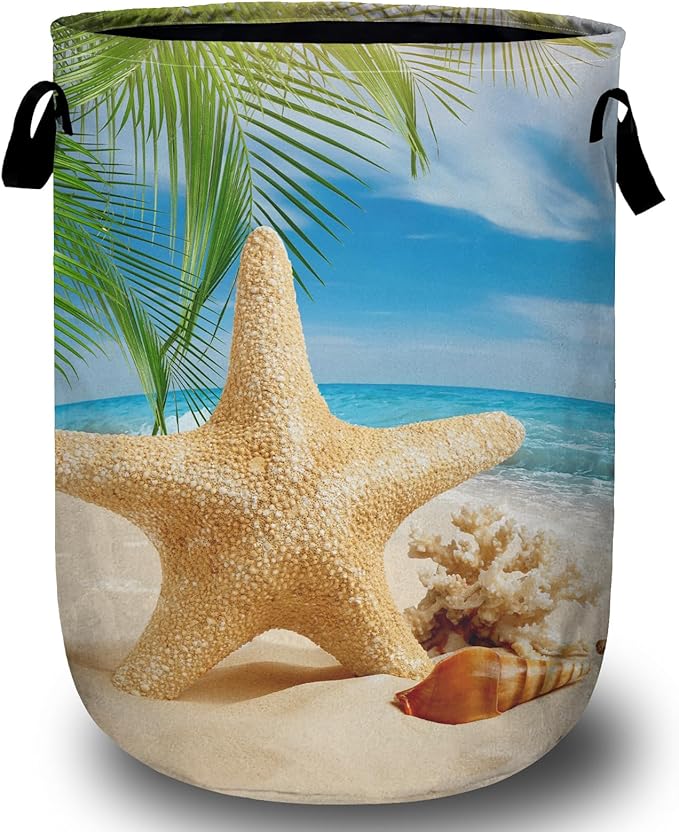 Starfish Seashell Laundry Basket, Ocean Sea Beach Laundry Hamper Collapsible Oxford Cloth with Handle Clothes Storage Bin for Bathroom Laundry Room Bedroom 15.7 X 20 Inch