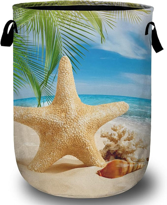 Starfish Seashell Laundry Basket, Ocean Sea Beach Laundry Hamper Collapsible Oxford Cloth with Handle Clothes Storage Bin for Bathroom Laundry Room Bedroom 15.7 X 20 Inch