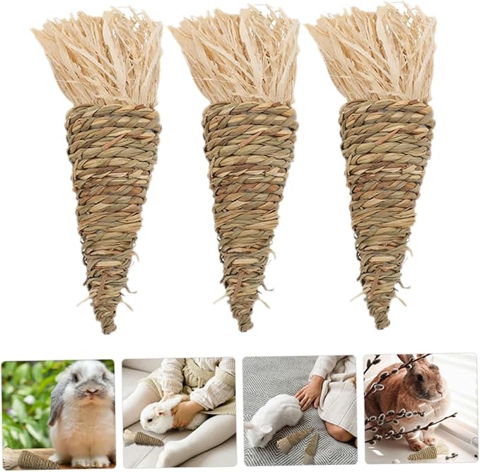 TOYANDONA 3Pcs Natural Grass Carrot Chew Small Animal Teeth Cleaning Chewing for Rabbits Guinea Pigs Chinchillas Hamsters Stress Relief Molar Care Pet Supplies
