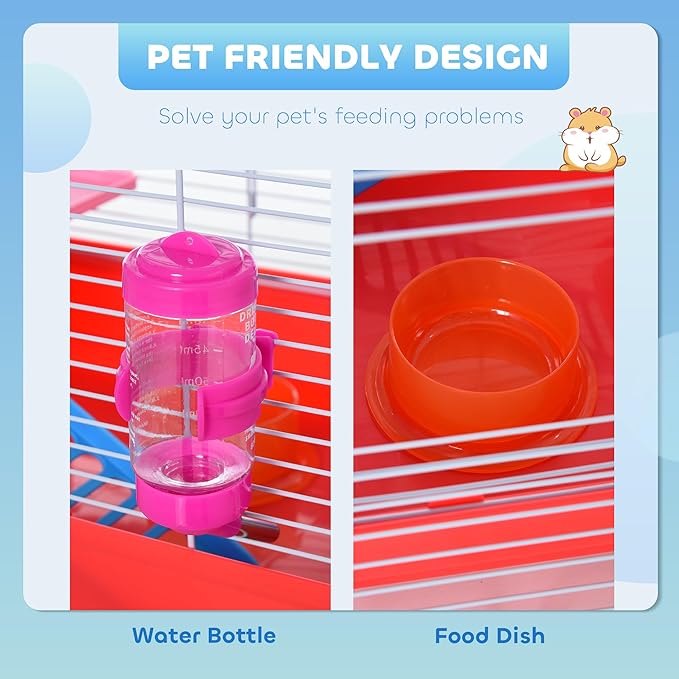 PawHut 18.5" Hamster Cage with Exercise Wheel and Water Bottle, Dish, Rat House and Habitat 2-Story Design, Red