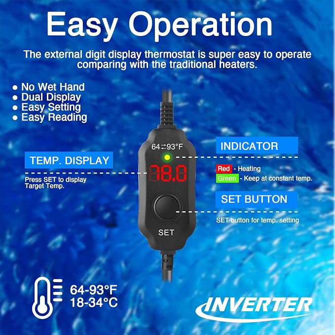 Aquarium Heater 100W, Submersible Fish Tank Heater with LED Digital Display, Auto Power-Off When Leaving Water & High Temp Protection, for Fresh and Salt Water Tanks 10-20 Gal
