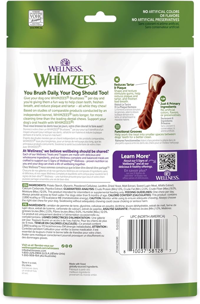 Wellness WHIMZEES Brushzees Dog Dental Treat, VOHC Accepted Chews, Freshens Breath, Large Size, 4.2 oz Bag, 2 Count