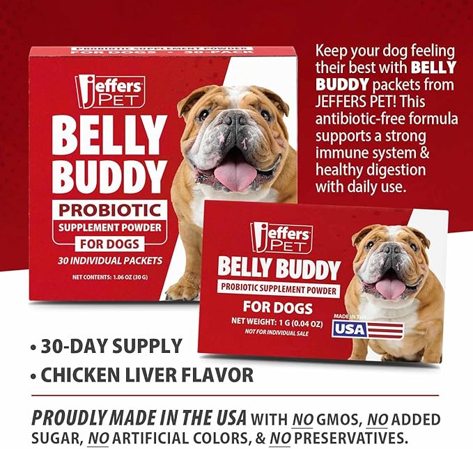 Jeffers Belly Buddy Dog Probiotic Powder Packets, 30 Count - Veterinary Formulated, Four Probiotic Strains & Vitamins for Gut Health, Diarrhea & Digestive Balance, Chicken Liver Flavor, USA Made