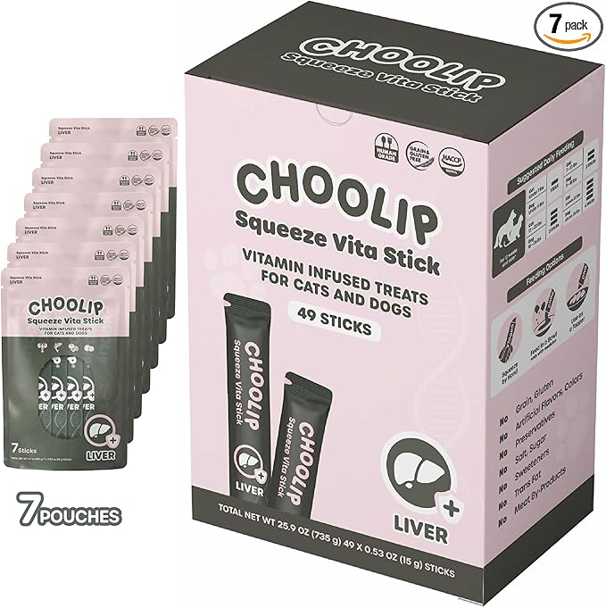 Choolip Squeeze Vita Stick Liver Support Lickable Cat and Dog Treats – 49-Count Salmon and Lobster Sticks with Milk Thistle, CoQ10 and Vitamin E – Box with 7 Pouches, Vet-Formulated