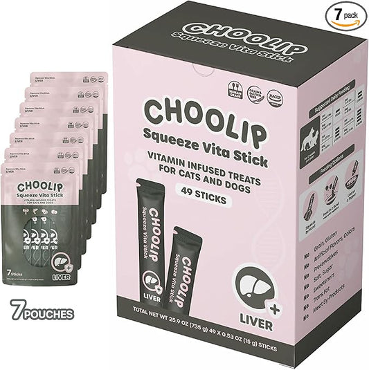 Choolip Squeeze Vita Stick Liver Support Lickable Cat and Dog Treats – 49-Count Salmon and Lobster Sticks with Milk Thistle, CoQ10 and Vitamin E – Box with 7 Pouches, Vet-Formulated