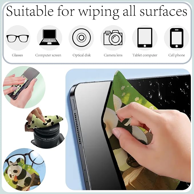 CREATCABIN 6Pcs Glasses Cleaning Cloth Microfiber Cleaning Cloths Suede Fiber Glasses Cleaner Wipes Soft Washable Microfiber Reusable for Eyeglasses Camera Lens Laptops Screens Phone 6 x 6 Inch Panda