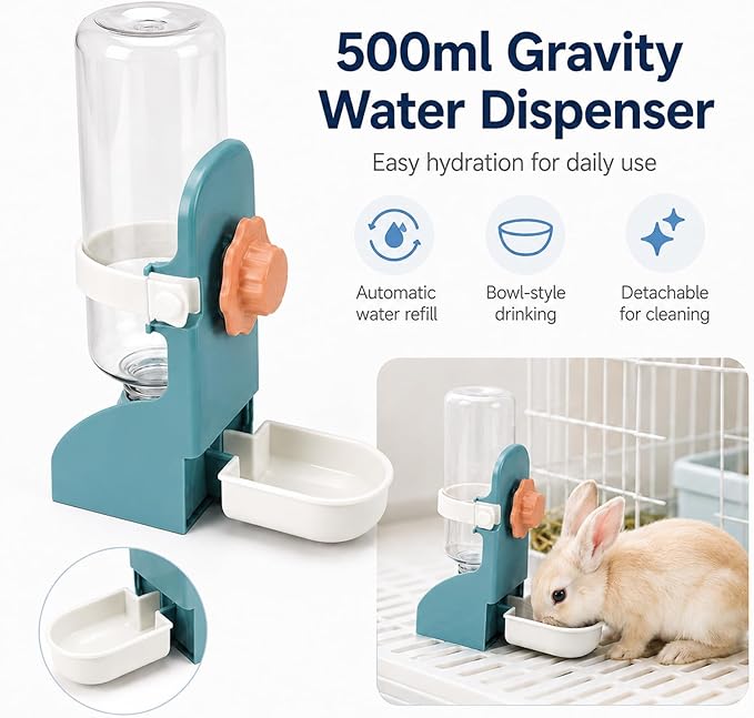 HERCOCCI PET Feeder and Water Bottle Set, Large Blue (500ml), Durable Hay Food Bin Feeder, Food Bowl, Gravity-Fed Water Dispenser for Rabbit, Guinea Pig, Chinchilla