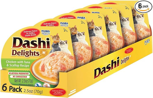 INABA Dashi Delights for Cats, Shredded Chicken Side Dish with Bonito Flake Broth, Cat Food Complement with Taurine & Green Tea Extract, 2.5 Ounce Cup, 6 Cups Total, Chicken with Tuna & Scallop Recipe