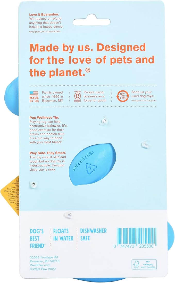 WEST PAW Zogoflex Bumi Dog Tug Toy – S-Shaped, Lightweight Chew Toys for Fetch, Play, Pet Exercise – Tug of War Soft Flinging Squishy Chewy Toy for Dogs – Guaranteed, Latex-Free, Small 8", Aqua Blue