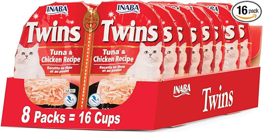 INABA Twins for Cats, Grain-Free Shredded Chicken & Broth Gelée Side Dish Cups, Tuna & Chicken Recipe, 1.23 Ounces per Serving, 19.68 Ounces Total (16 Count)