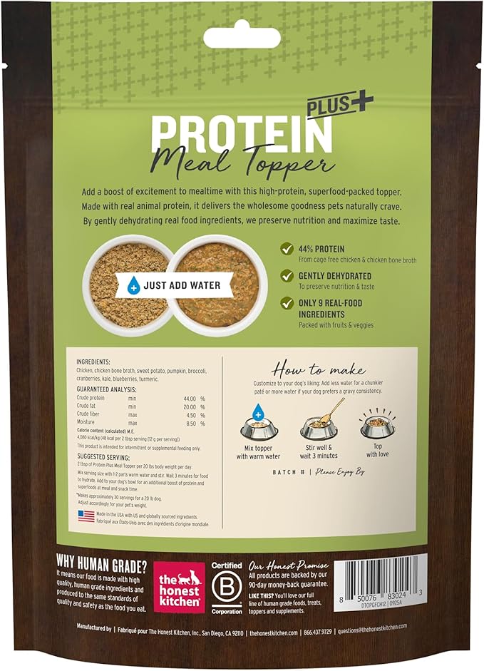 The Honest Kitchen Human Grade Protein Plus+ Dehydrated Meal Topper: Grain Free Chicken Superfoods, 12oz Pouch