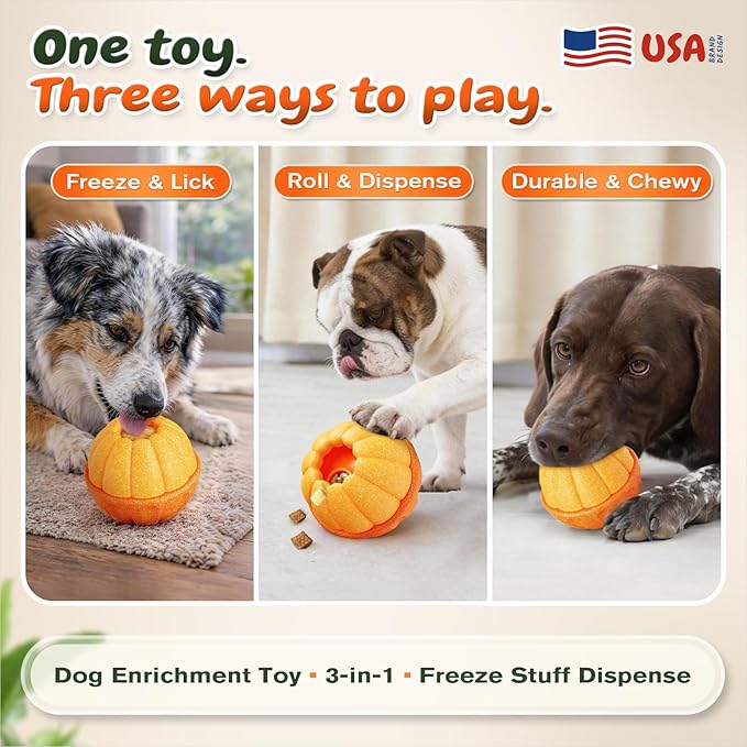 KADTC 3-in-1 Dog Frozen Treat Ball, Large Size, No-Transfer Fill & Freeze Lick Cup, Treat Dispenser & Tough Chew Toy, Long-Lasting Enrichment Toy for Dogs, Orange-Shaped