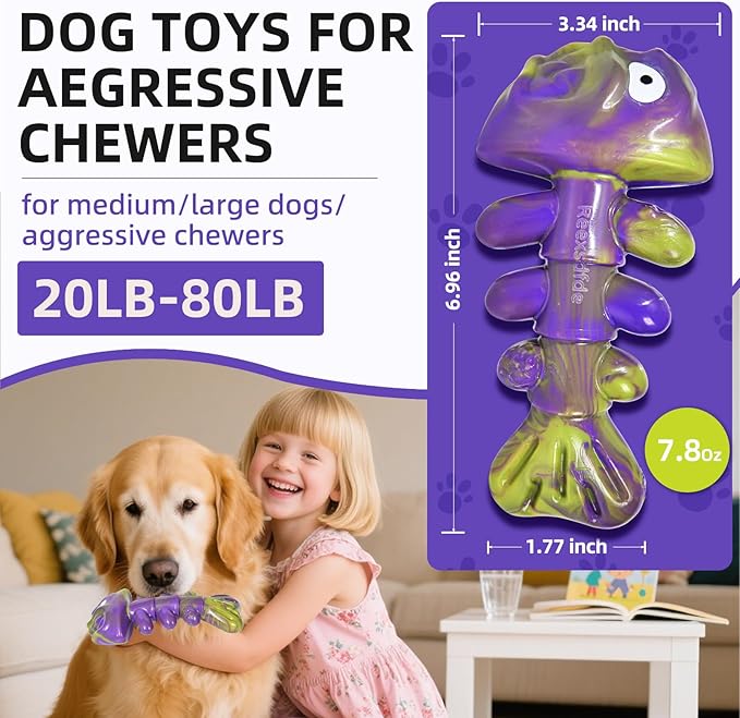 Dog Chew Toy Durable and Indestructible,Fishbone ShapeDog Chew Bones for MiddleLarge Dogs, Bacon Flavored, Keeps Dogs Busy Purple