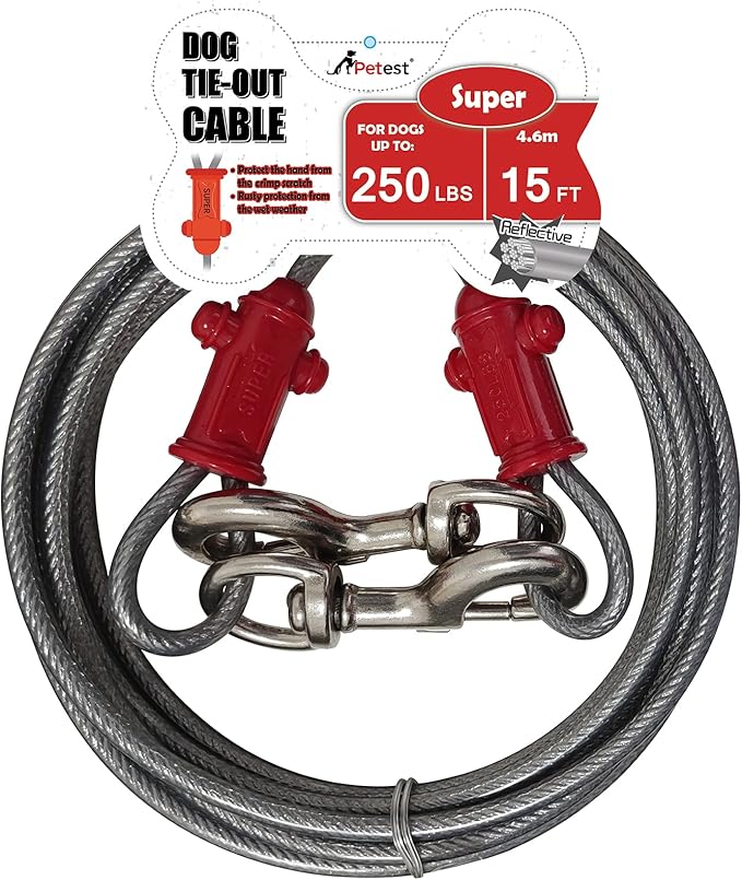 Petest Reflective Tie Out Cable with Crimp Cover for Super Dogs Up to 250 Pounds, 15 Feet