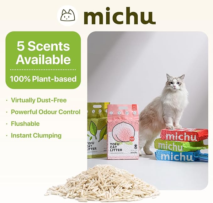 Michu Tofu Cat Litter Natural Clumping Tofu Cat Litter, Fast Clumping and Easily Scoop-able 5.5lb/88oz 5 Scents - Greentea, 8 Pack