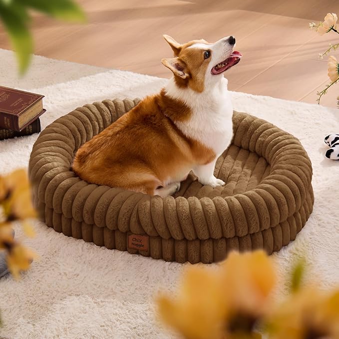 ChiXnuggle Dog Bed Large Sized Dog - Luxury Striped Faux Fur Waterproof Pet Couch with Removable Washable Cover, Orthopedic Pet Bed with Bolster Sides for Sleeping, Brown
