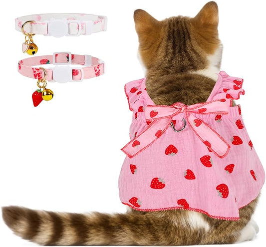 Strawberry Print Cotton Cat Dog Costumes with 2 Adjustable Collar with Bow, Kitten Outfits for Girl Cats, Pink White Pet Clothes for Small Dogs & Cats ，M