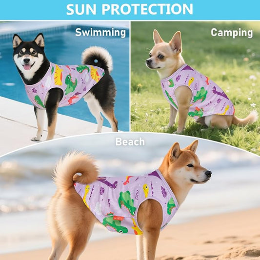 KYEESE 2Pack Dog Shirt, Lightweight Sun Protection Dog T Shirts for Small Dogs Boy Girl, Breathable Mesh Tank Top Sleeveless Pet Reflective Vest, Soft Summer Dogs Clothes, Dinosaur+Purple, L