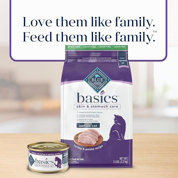 Blue Buffalo Basics Grain-Free Dry Cat Food, Skin & Stomach Care, Limited Ingredient Diet for Mature Indoor Cats, Turkey & Potato Recipe, 5-lb. Bag