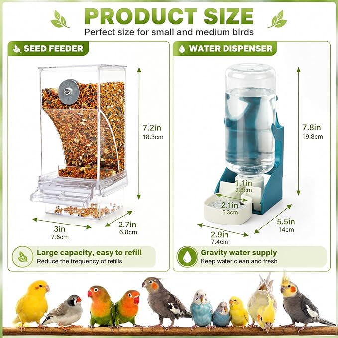 Rypet No Mess Bird Water Feeder Dispenser Set Automatic Bird Feeder Transparent Food Container Cage Acrylic Parrot Feeders Accessories for Small Birds Parrot Cockatoo Canary